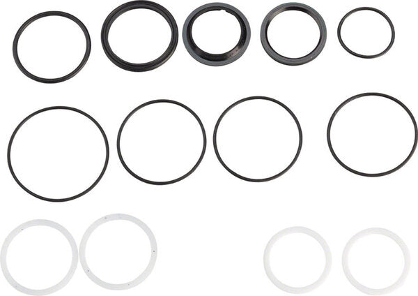 FOX Factory rebuild kit for Float rear shocks: rows of black o-rings, quad seals, and white backup rings on a white background.
