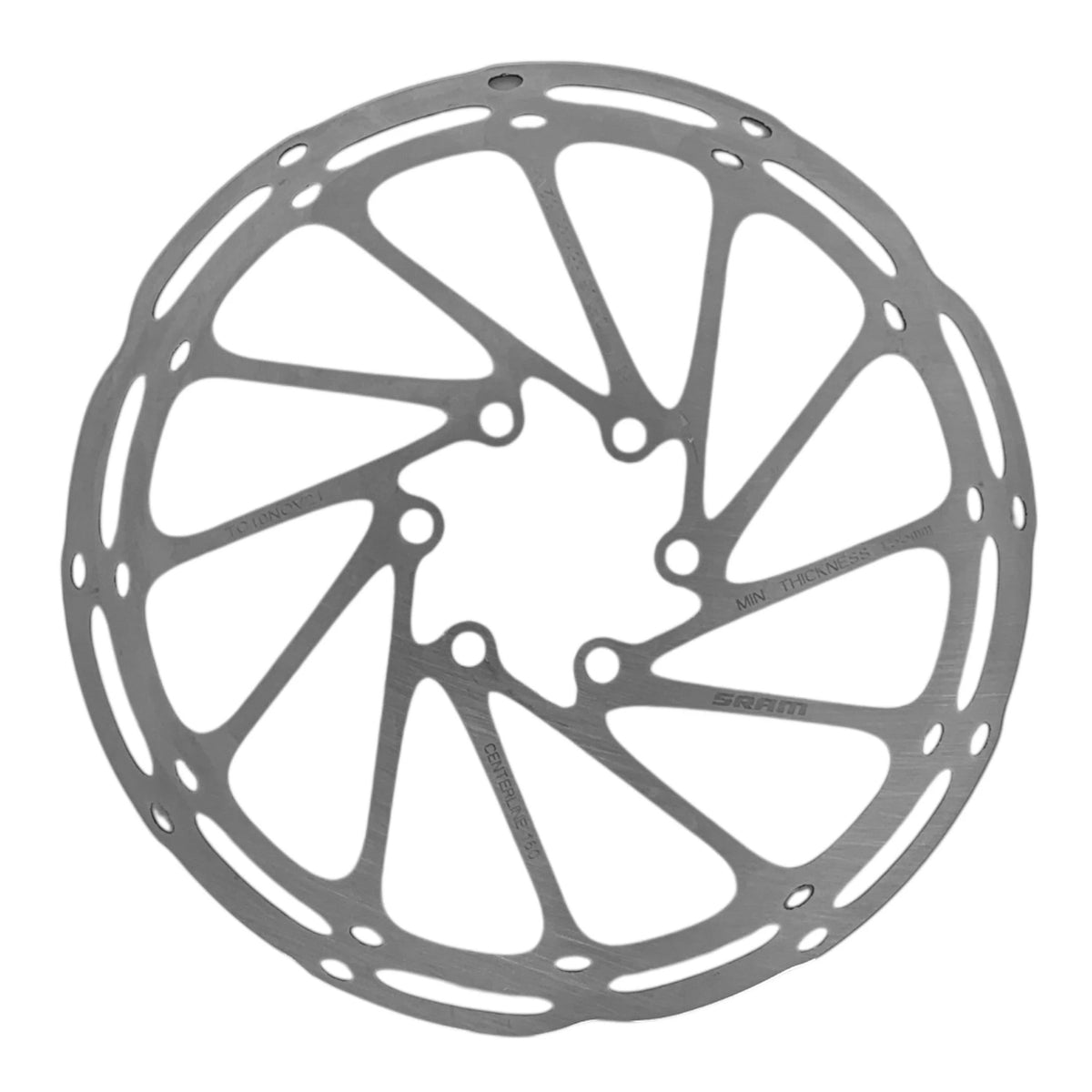 SRAM Centerline 160mm 6-bolt disc brake rotor, silver with etched Centerline branding, on a white background.
