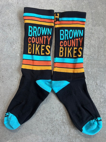 HandUp Brown County Bikes Retro Socks — black crew socks with retro sunset stripes