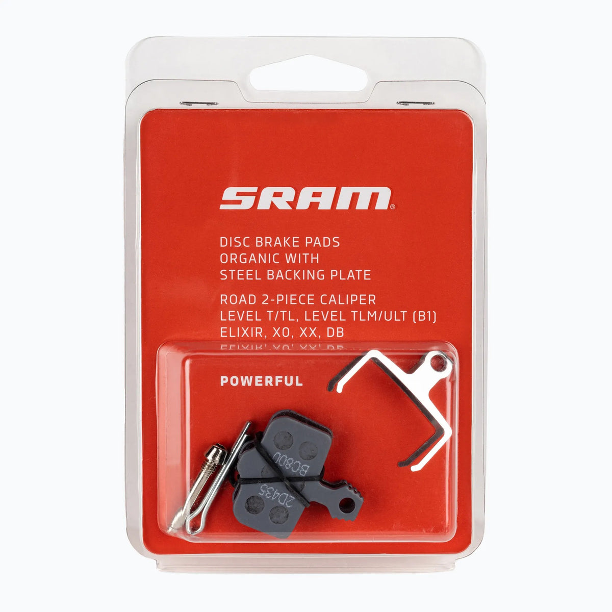 SRAM organic steel disc brake pads for Level and Elixir two-piece calipers in retail packaging