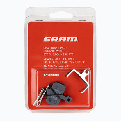 SRAM organic steel disc brake pads for Level and Elixir two-piece calipers in retail packaging