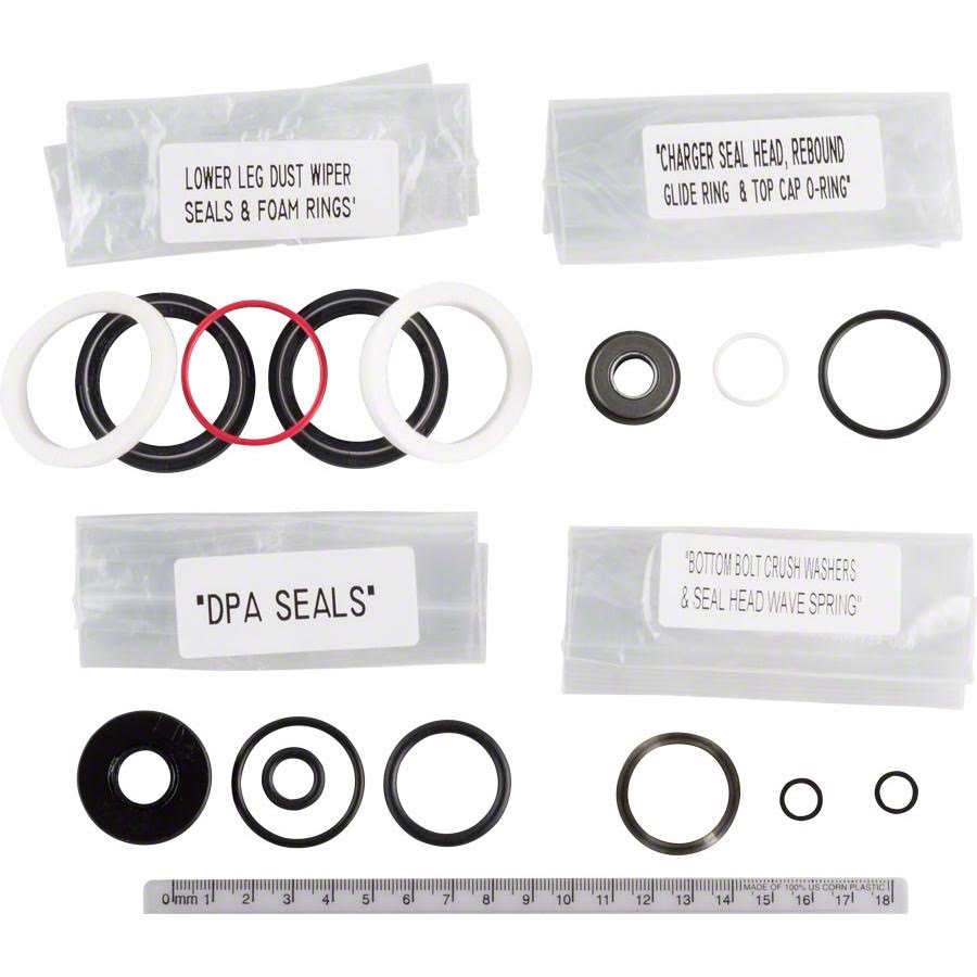 RockShox Pike Dual Position Air A1 service kit contents: seals, foam rings, and labeled seal-head packets.