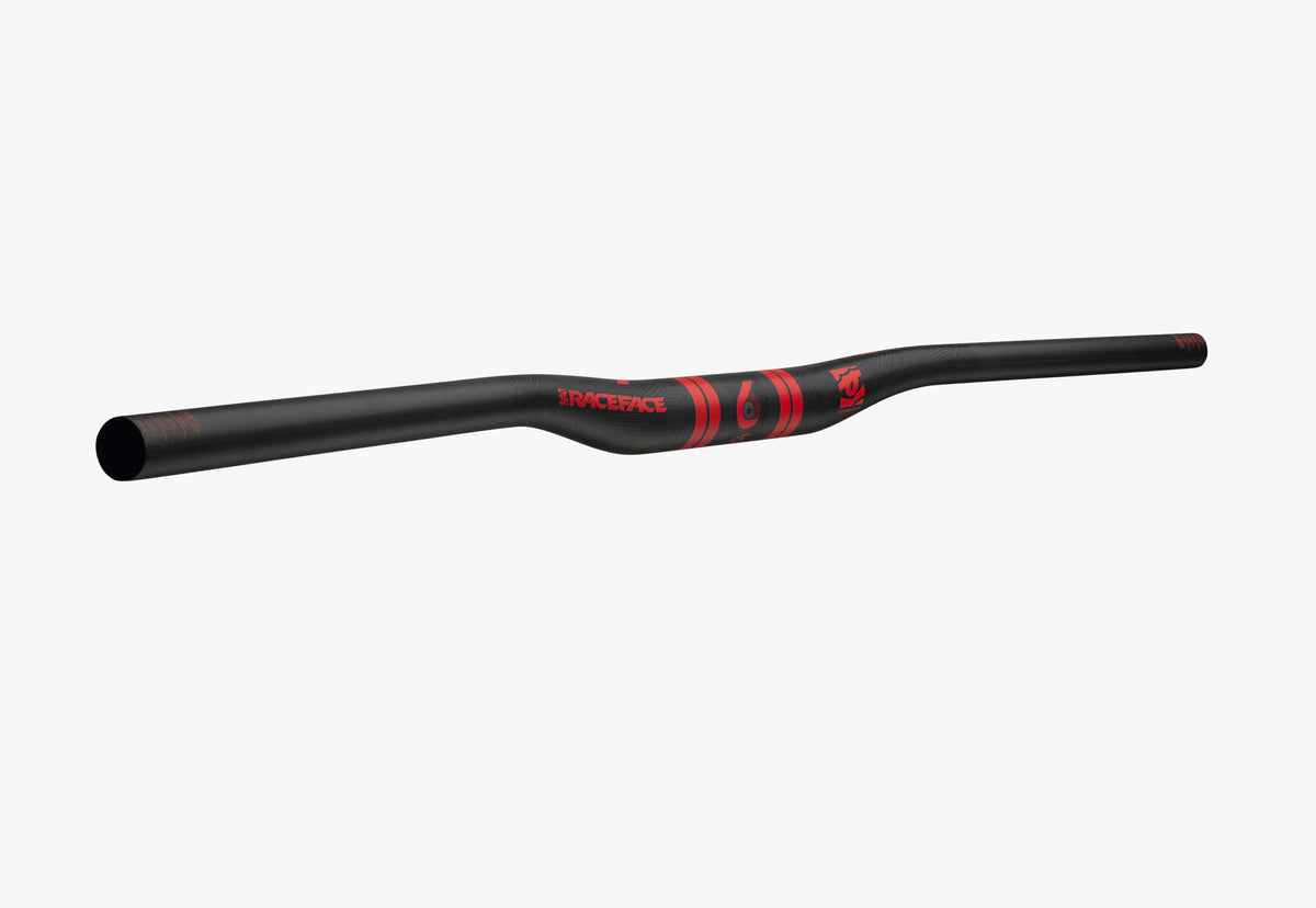 RaceFace SIXC carbon riser handlebar in black with red graphics, 820mm wide with 20mm rise, photographed on a white background.