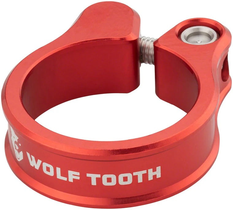 Red anodized Wolf Tooth bolt-on seatpost clamp for 34.9mm frames, shown on a white background.