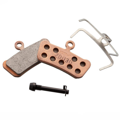 SRAM sintered steel-back disc brake pads for Level and Elixir calipers with spreader spring and pin, on white background