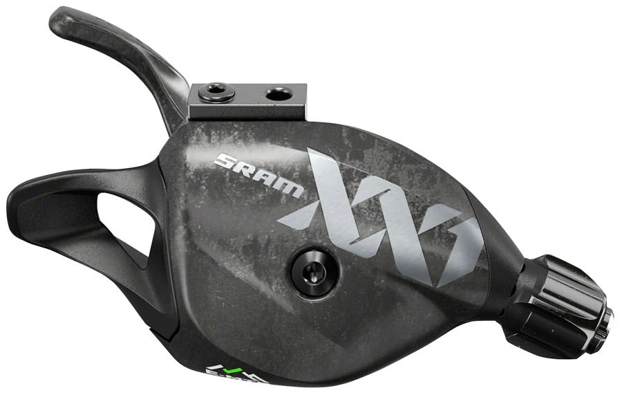 SRAM XX1 Eagle Single Click 12-speed shifter in Lunar finish with discrete handlebar clamp.