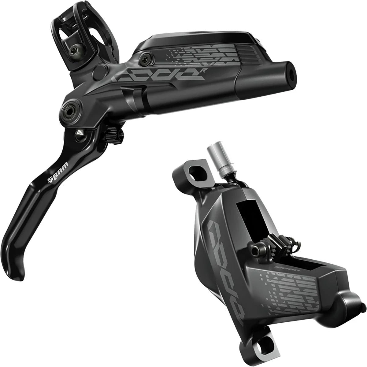 SRAM Code R hydraulic disc brake lever and four-piston caliper in black, product photo on white background
