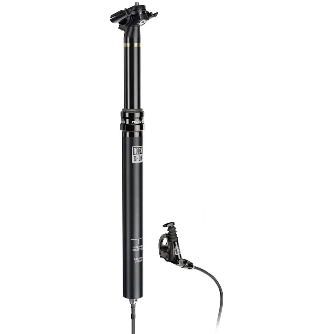 RockShox Reverb Stealth C1 dropper seatpost in black with the plunger remote lever and hydraulic hose, on a white background.