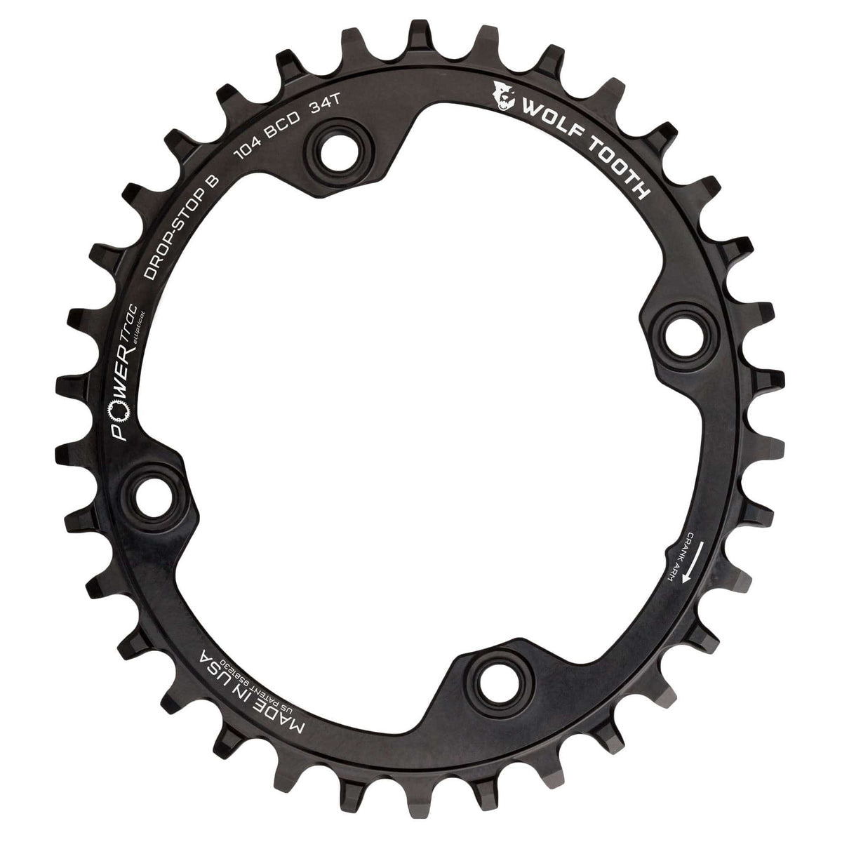 Wolf Tooth Components oval 104 BCD Drop-Stop B narrow-wide chainring in black, product photo on white background