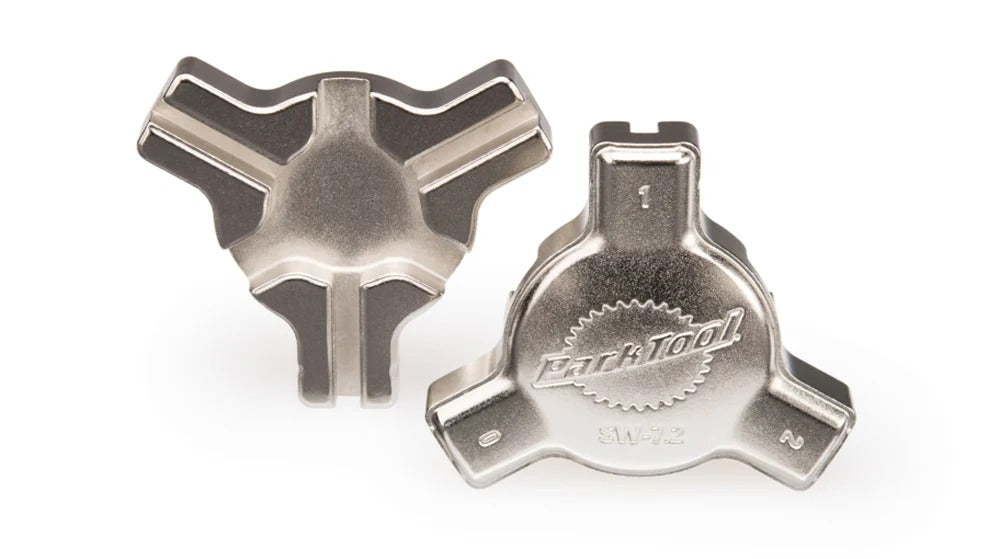 Park Tool SW-7.2 triple spoke wrench with three spoke-nipple openings, front and back views.