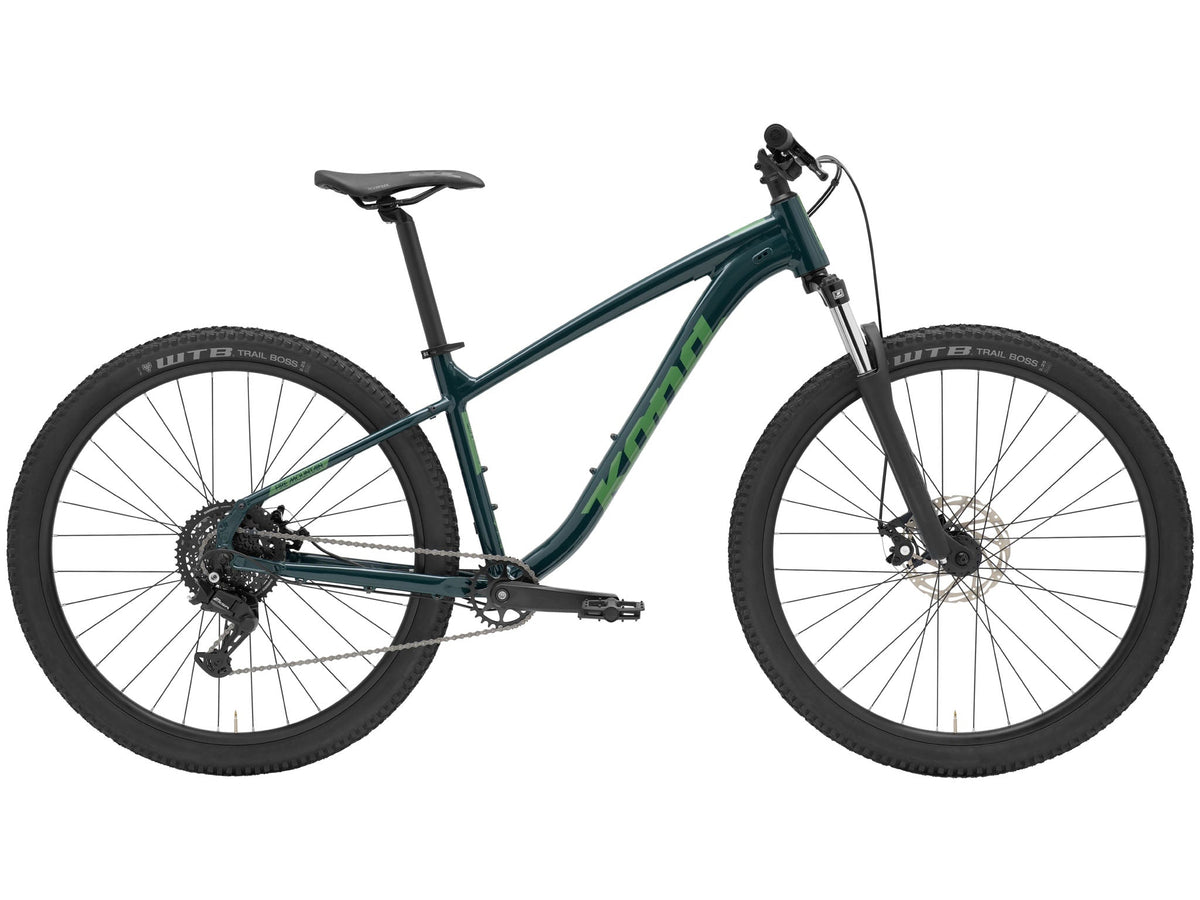 Kona Fire Mountain 2026 hardtail mountain bike in Gloss Emerald green, drive-side full profile studio view