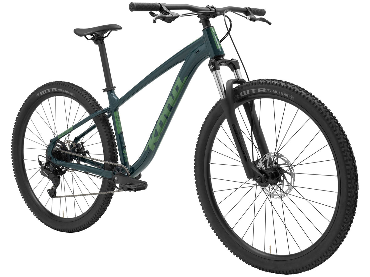 Kona Fire Mountain 2026 hardtail mountain bike in Gloss Emerald green, drive-side three-quarter front studio view