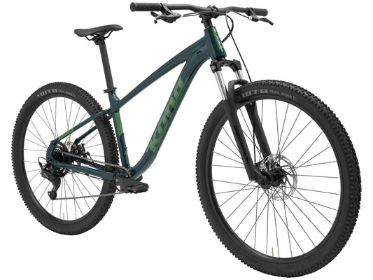 Kona Fire Mountain 2026 hardtail mountain bike in Gloss Emerald green, drive-side three-quarter front studio view