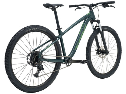 Kona Fire Mountain 2026 hardtail mountain bike in Gloss Emerald green, three-quarter rear view showing drivetrain