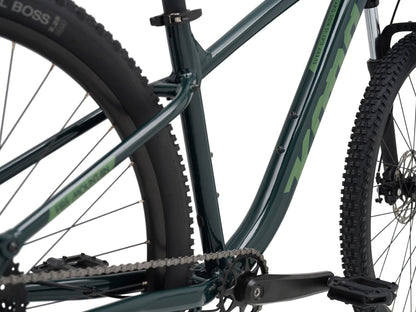 Kona Fire Mountain 2026 hardtail mountain bike in Gloss Emerald green, close-up detail of bottom bracket, crankset, and down tube decal