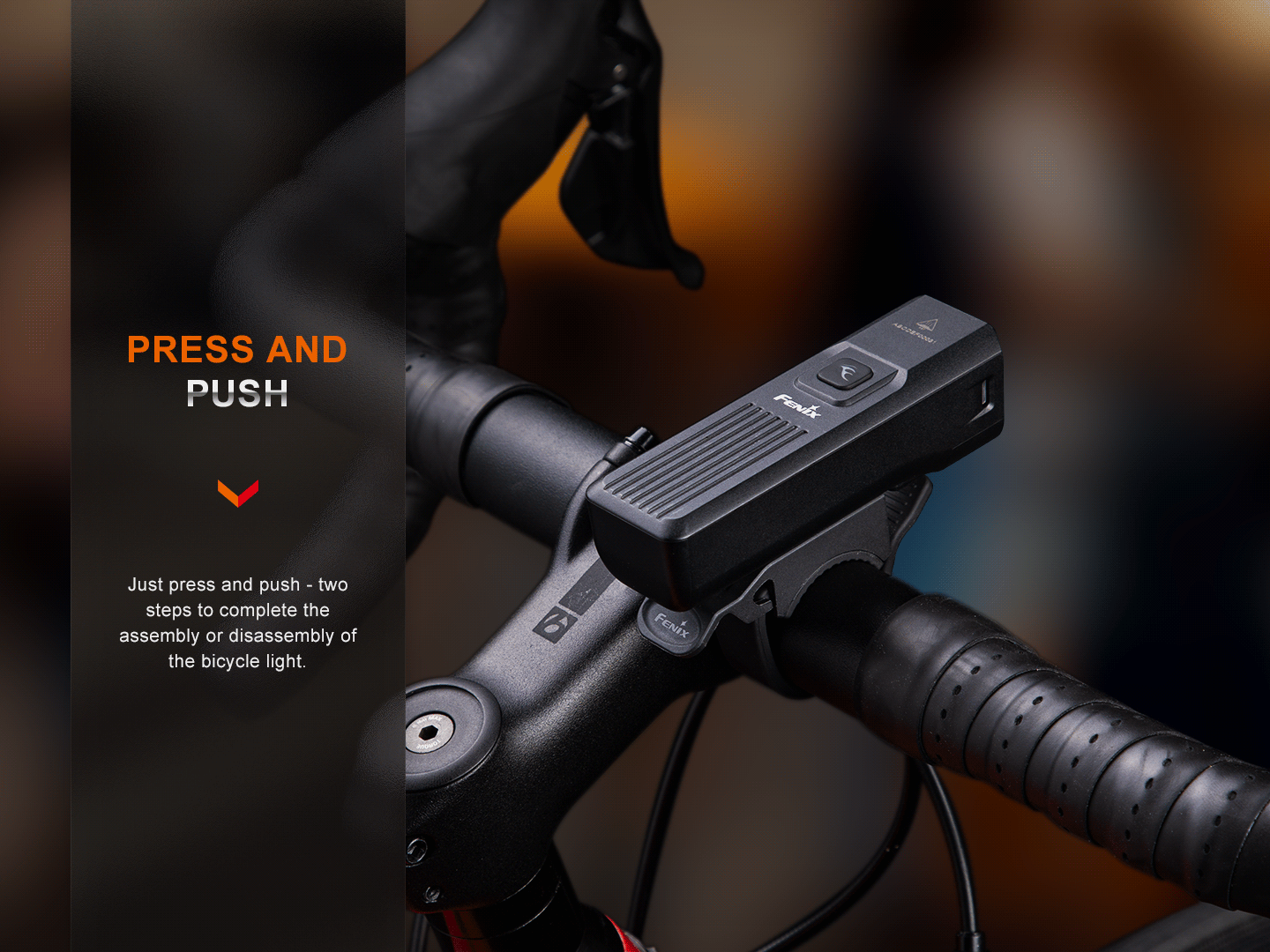 Fenix BC15R press and push quick-release: two steps to assemble or disassemble the bike light on road handlebars (animated)