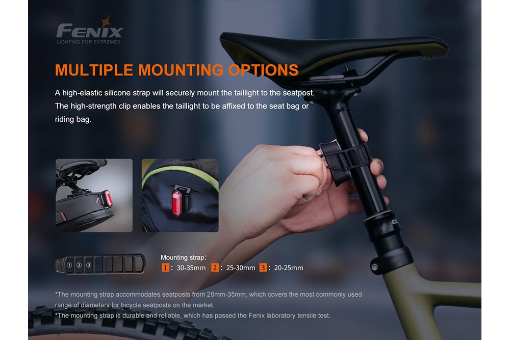 Fenix BC05R V2.0 multiple mounting options: high-elastic silicone strap mounts the taillight to the seatpost (fits 20-35mm), high-strength clip attaches it to a seat bag or riding bag