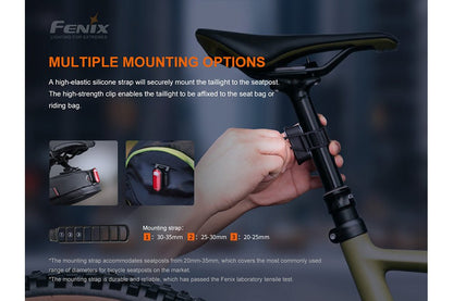 Fenix BC05R V2.0 multiple mounting options: high-elastic silicone strap mounts the taillight to the seatpost (fits 20-35mm), high-strength clip attaches it to a seat bag or riding bag