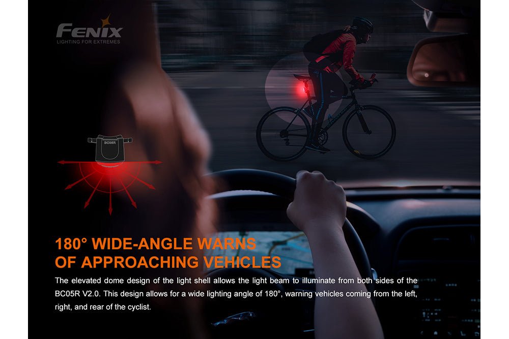 Fenix BC05R V2.0 180-degree wide-angle beam warns approaching vehicles; elevated dome design illuminates both sides, warning drivers coming from the left, right, and rear