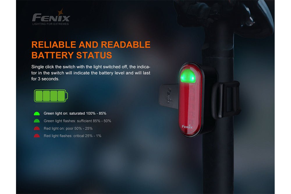 Fenix BC05R V2.0 reliable and readable battery status: single-click the switch with the light off to check charge level; green 100-85 percent, green flashing 85-50, red 50-25, red flashing 25-1
