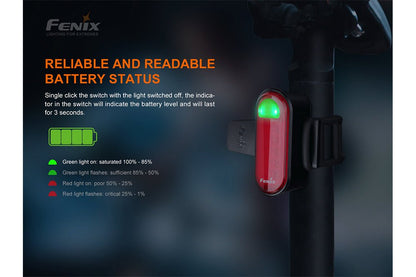 Fenix BC05R V2.0 reliable and readable battery status: single-click the switch with the light off to check charge level; green 100-85 percent, green flashing 85-50, red 50-25, red flashing 25-1