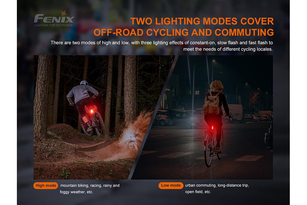 Fenix BC05R V2.0 two lighting modes cover off-road cycling and commuting: High mode for mountain biking and racing, Low mode for urban commuting and long-distance trips; constant-on, slow flash and fast flash effects
