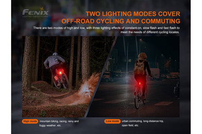 Fenix BC05R V2.0 two lighting modes cover off-road cycling and commuting: High mode for mountain biking and racing, Low mode for urban commuting and long-distance trips; constant-on, slow flash and fast flash effects