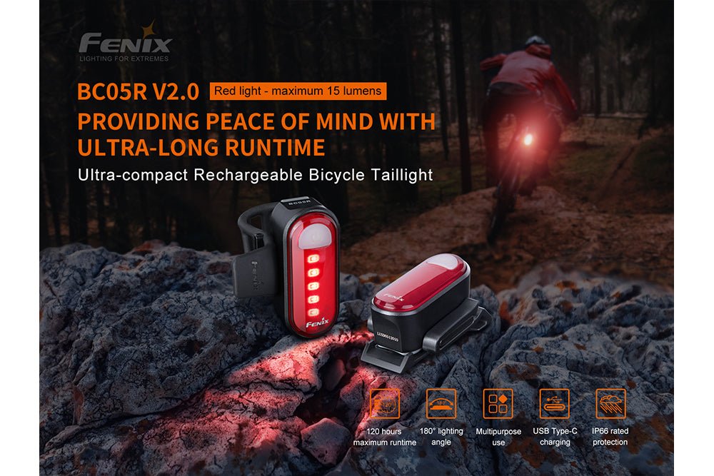 Fenix BC05R V2.0 ultra-compact rechargeable bicycle taillight hero banner: red light maximum 15 lumens, providing peace of mind with ultra-long runtime; cyclist at dusk with glowing red taillight; 120 hours max runtime, 180 degree lighting angle, multipurpose use, USB Type-C charging, IP66 rated protection