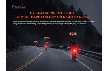 Fenix BC05R V2.0 eye-catching red light a must-have for day or night cycling: bright 15 lumens red light with 50 meters beam distance offers recognition up to 230 meters for approaching drivers, night road with cyclists