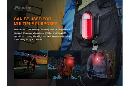 Fenix BC05R V2.0 can be used for multiple purposes: body clip straps the taillight to a backpack or worn on waist or chest as a warning light; companion for nighttime running, hiking and walking