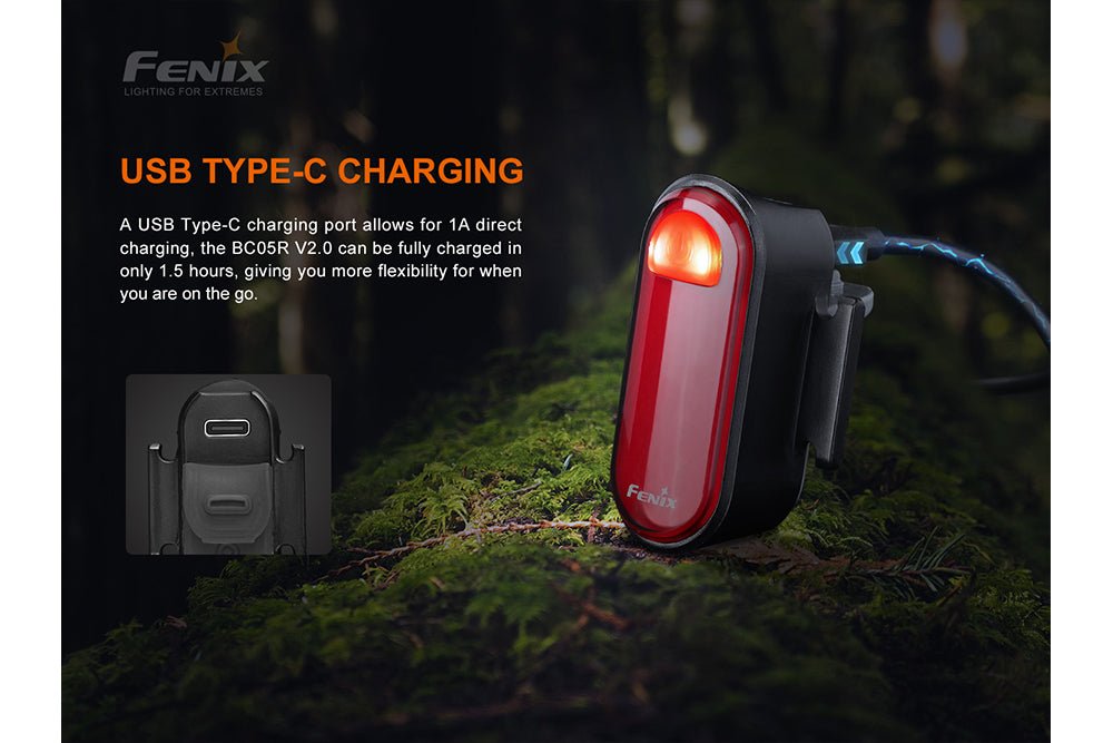 Fenix BC05R V2.0 USB Type-C charging: 1A direct charging fills the battery in 1.5 hours; tail light on moss with charging cable and USB-C port inset