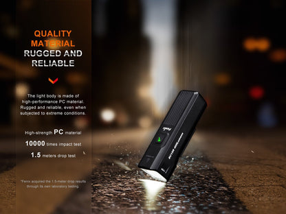 Fenix BC15R quality material rugged and reliable: high-performance PC body, 10000 times impact test, 1.5-meter drop test, light falling on a wet road at night