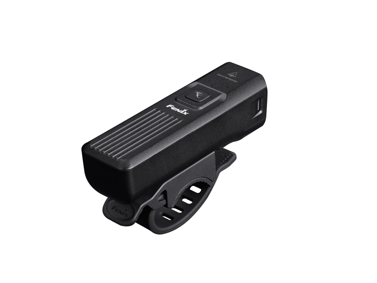 Fenix BC15R bike light angled view showing power button, BC15R marking, and silicone strap handlebar mount