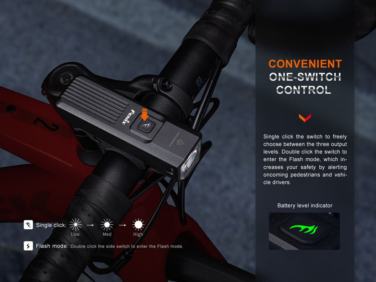 Fenix BC15R convenient one-switch control: single-click cycles Low, Med, High; double-click enters Flash mode; battery level indicator on the button