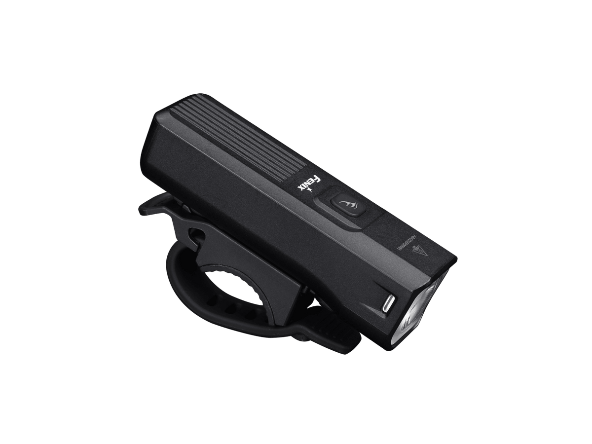 Fenix BC15R bike light top view showing power button, Fenix branding, USB-C port cover, and handlebar clamp mount