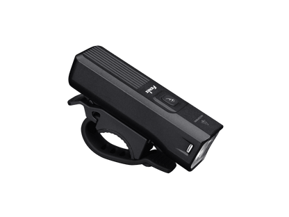 Fenix BC15R bike light top view showing power button, Fenix branding, USB-C port cover, and handlebar clamp mount