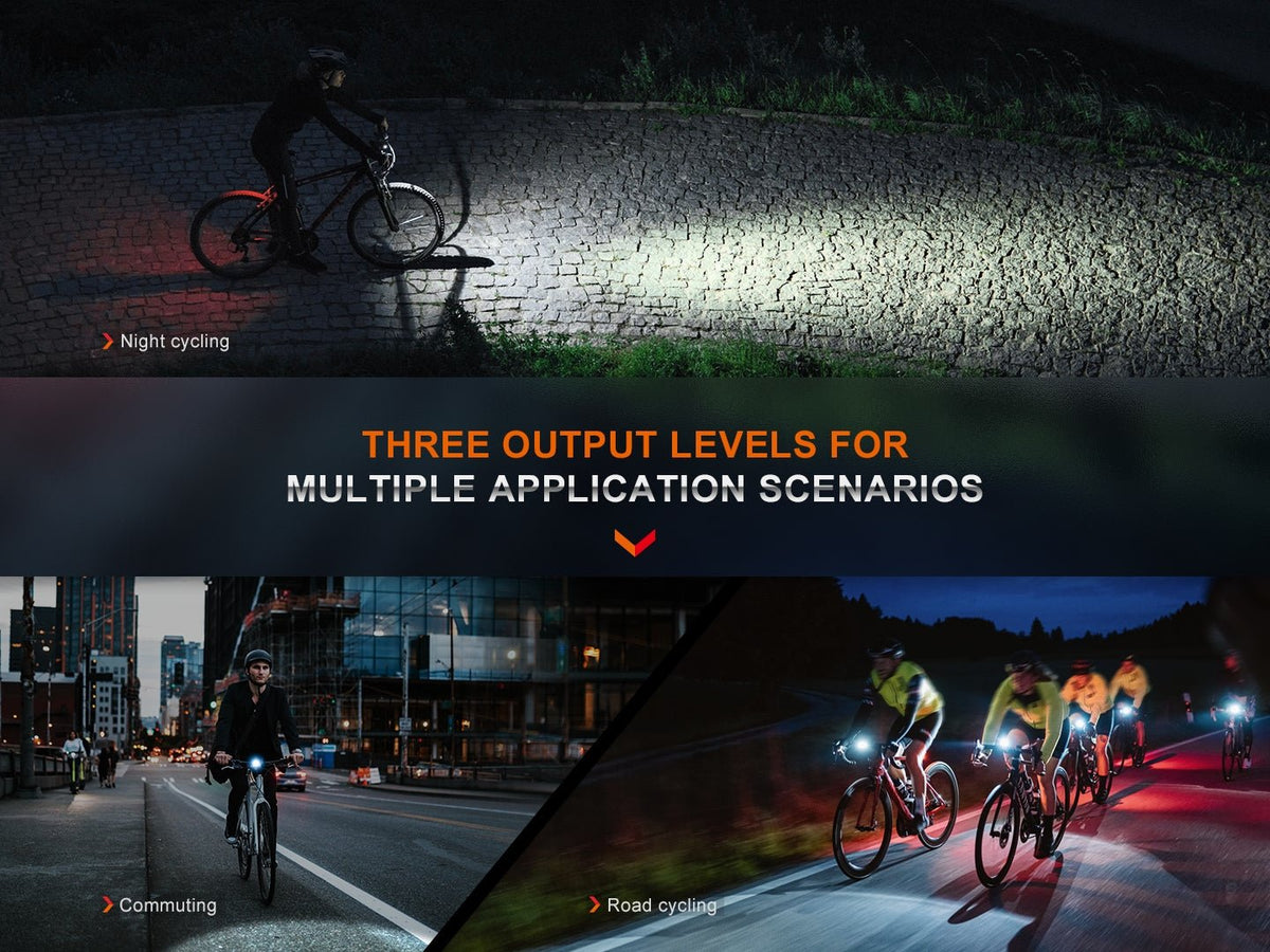 Fenix BC15R three output levels for multiple application scenarios: night cycling on cobblestones, city commuting, and group road cycling at night