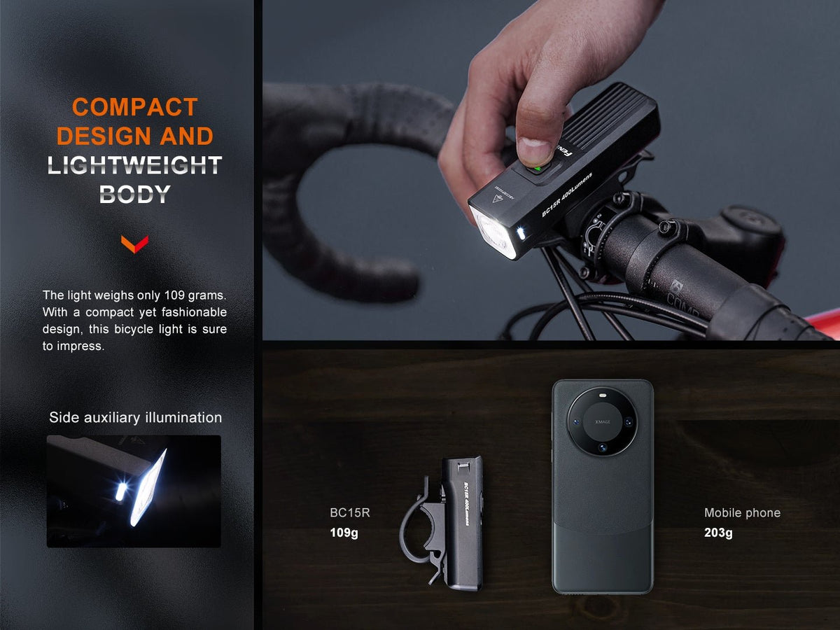 Fenix BC15R compact design and lightweight body: 109 grams versus a 203g mobile phone; side auxiliary illumination; hand pressing the power button on the handlebar-mounted light
