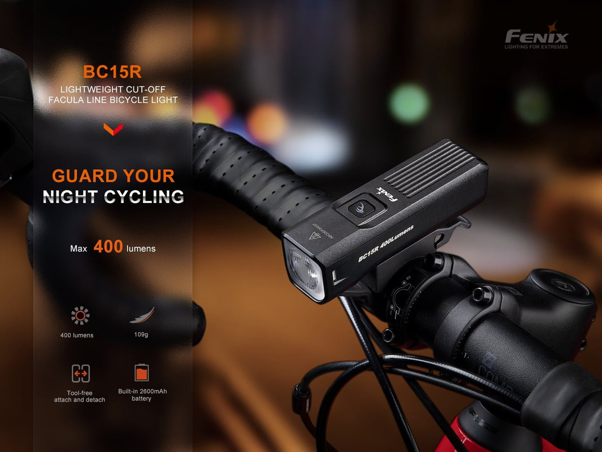 Fenix BC15R lightweight cut-off facula line bicycle light guarding night cycling; 400 lumens max, 109g, tool-free attach and detach, built-in 2600mAh battery