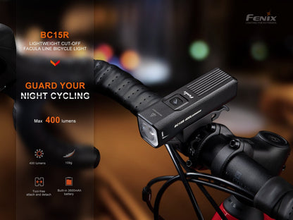 Fenix BC15R lightweight cut-off facula line bicycle light guarding night cycling; 400 lumens max, 109g, tool-free attach and detach, built-in 2600mAh battery