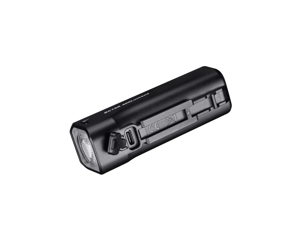 Fenix BC15R bike light bottom view showing USB-C charging port cover, CE marking, and BC15R 400Lumens marking