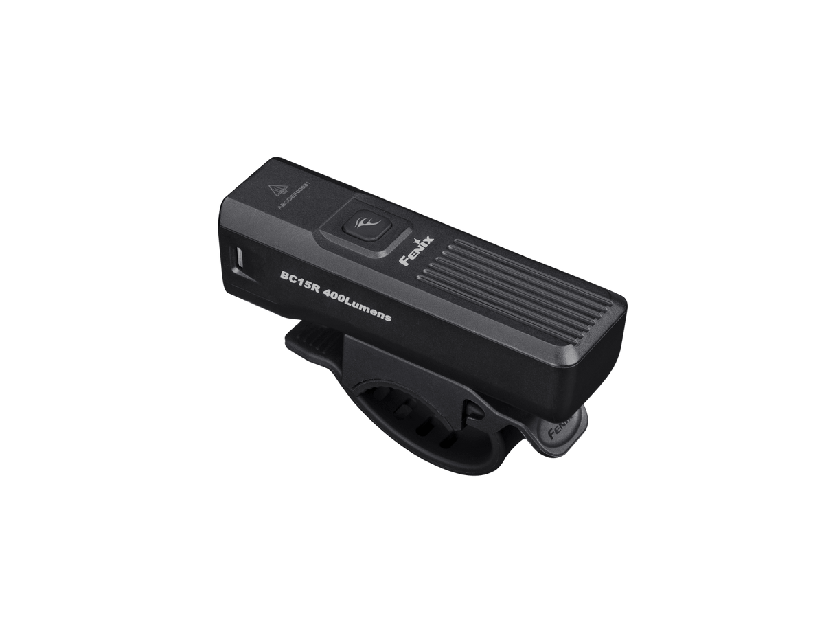 Fenix BC15R bike light from above showing power button, Fenix branding, heat dissipation fins, BC15R 400Lumens marking, and silicone strap handlebar mount