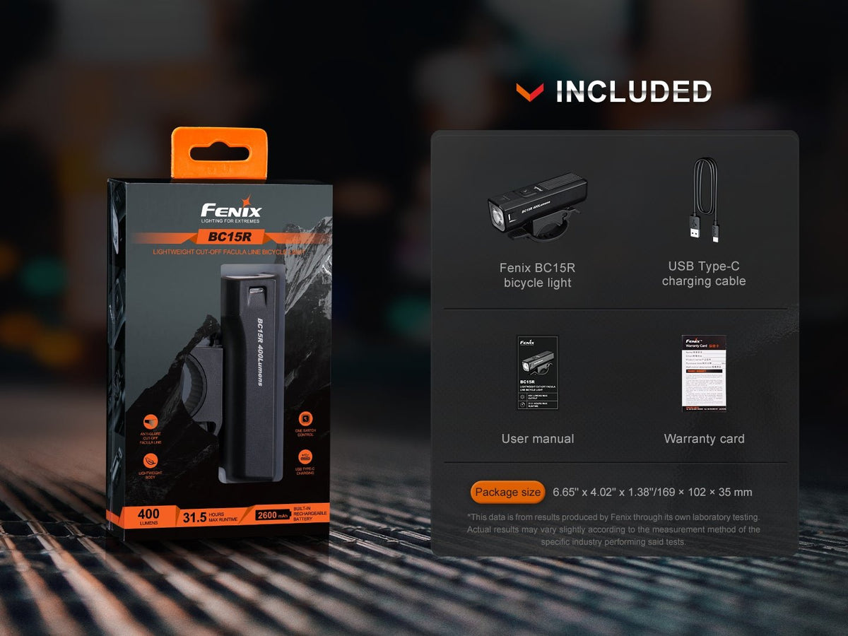 Fenix BC15R box contents: bicycle light, USB Type-C charging cable, user manual and warranty card, with retail packaging
