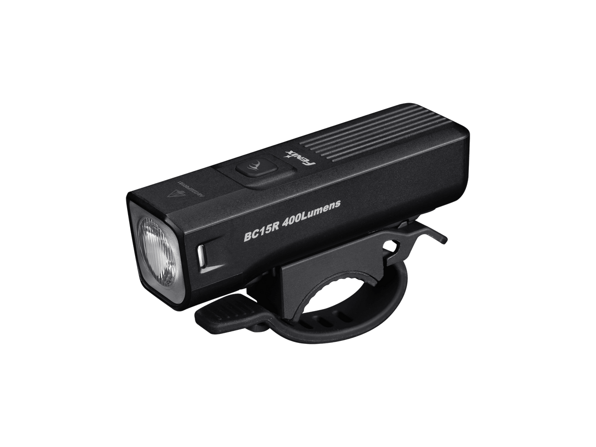 Fenix BC15R lightweight rechargeable bike light, 400 lumens, black rectangular body with handlebar mount, angled studio view