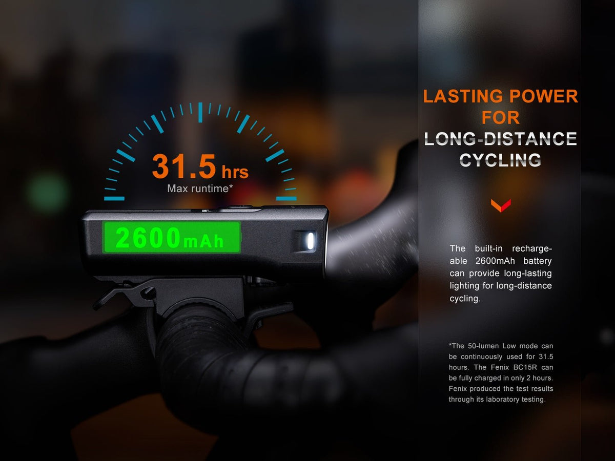 Fenix BC15R lasting power for long-distance cycling: built-in 2600mAh battery with 31.5 hours max runtime on 50-lumen Low mode; fully charged in 2 hours