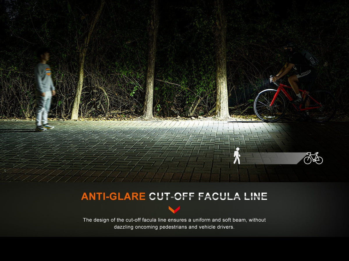 Fenix BC15R anti-glare cut-off facula line: uniform soft beam that does not dazzle oncoming pedestrians and drivers, night path with cyclist