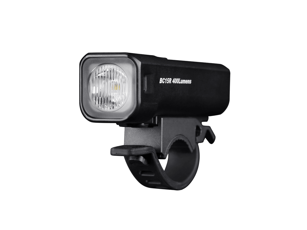 Fenix BC15R bike light front view showing lens, BC15R 400Lumens marking, and silicone strap mount