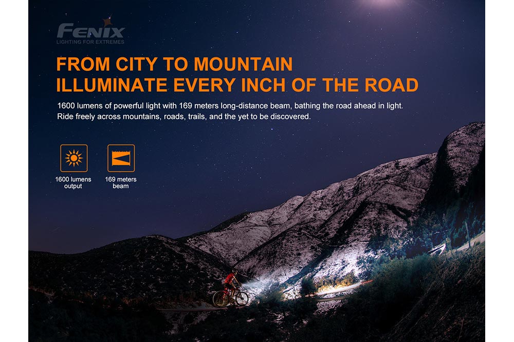 Fenix BC26R night mountain biking banner: 1600 lumens output with 169-meter long-distance beam illuminating the trail