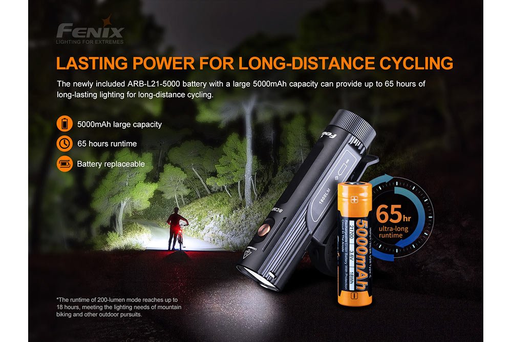 Fenix BC26R lasting power for long-distance cycling: included ARB-L21-5000 5000mAh battery provides up to 65 hours runtime; 200-lumen mode runs up to 18 hours