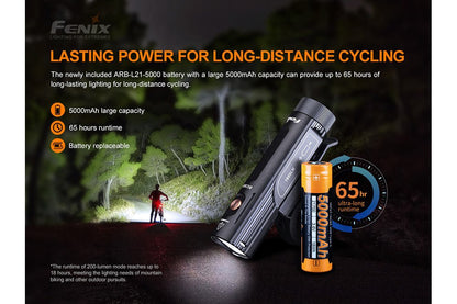 Fenix BC26R lasting power for long-distance cycling: included ARB-L21-5000 5000mAh battery provides up to 65 hours runtime; 200-lumen mode runs up to 18 hours